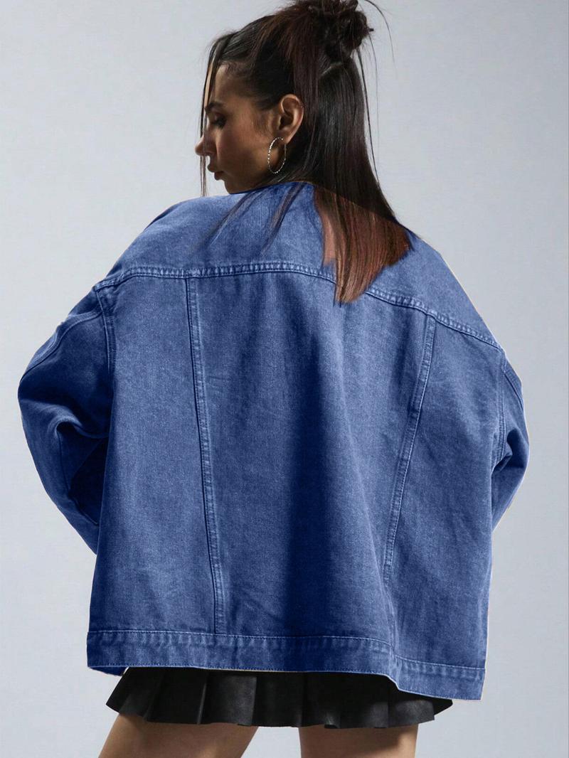 Women's Plain Button Front Drop Shoulder Denim Coat, Casual Long Sleeve Collared Pocket Outerwear for Daily Wear, Ladies Clothes for All Seasons, Clothing for Women Women's Plain Button Front Drop Shoulder Denim Coat, Casual Long Sleeve Collared Pocket Outerwear for Daily Wear, Ladies Clothes for All Seasons, Clothing for Women