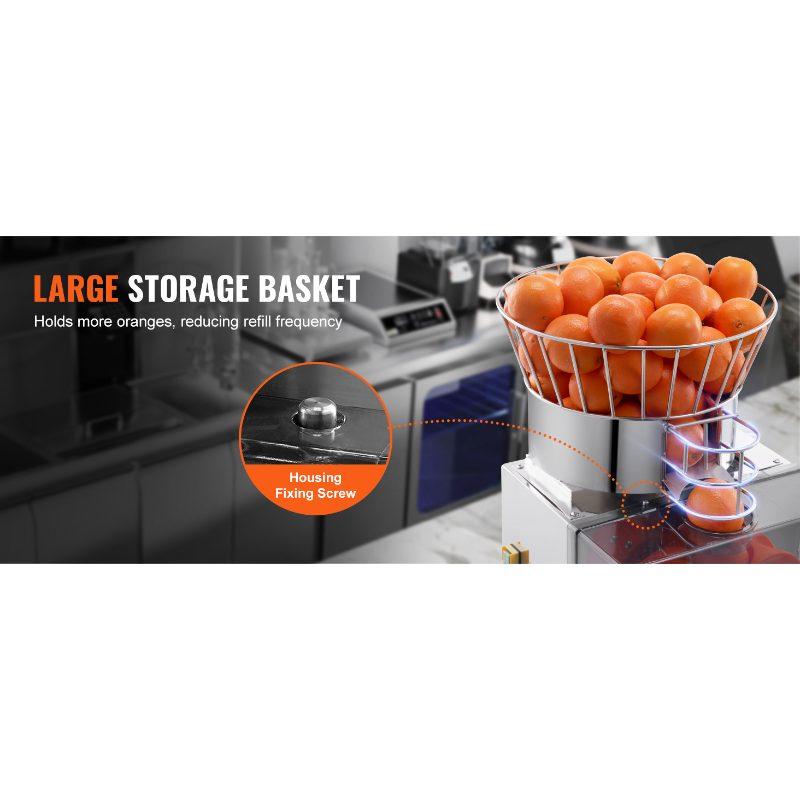 VEVOR Commercial Orange Juicer Machine, 120W Automatic Feeding Juice Extractor, Stainless Steel Juice Extractor for 25 Oranges Per Minute, with Pull-Out Filter Box, PC Cover, 2 Peel Collecting Buckets