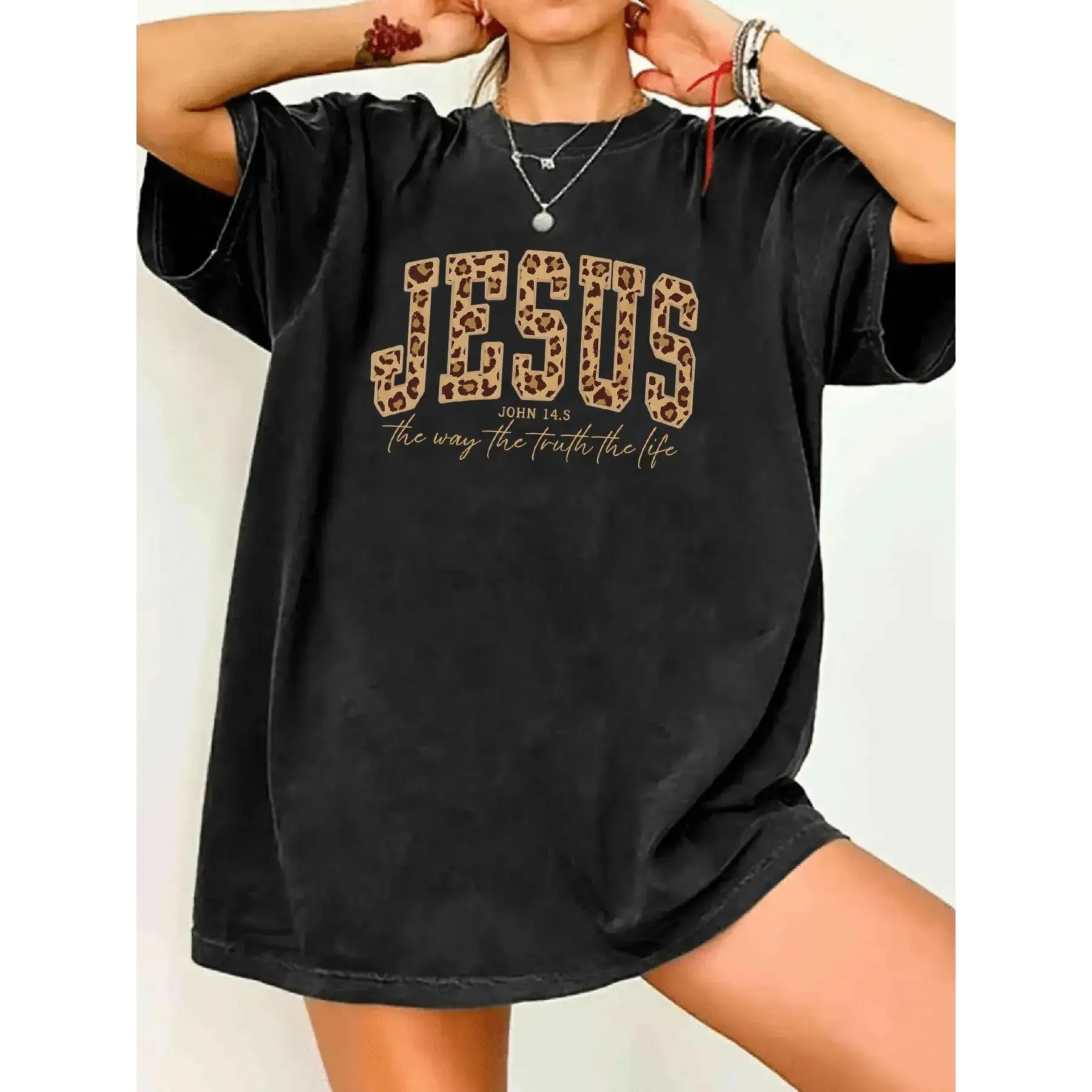 Women's Trendy Casual Streetwear Leopard-Print "JESUS" Graphic Tee Womenswear - John 14:6 Scripture Design, Soft Vintage-Washed Fabric, Perfect for Faith-Focused Fashion Lovers, Blend Spiritual Style with Edgy Charm! Fitted Top