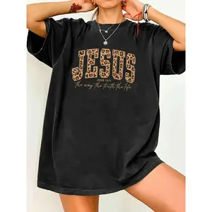 Women's Trendy Casual Streetwear Leopard-Print "JESUS" Graphic Tee Womenswear - John 14:6 Scripture Design, Soft Vintage-Washed Fabric, Perfect for Faith-Focused Fashion Lovers, Blend Spiritual Style with Edgy Charm! Fitted Top