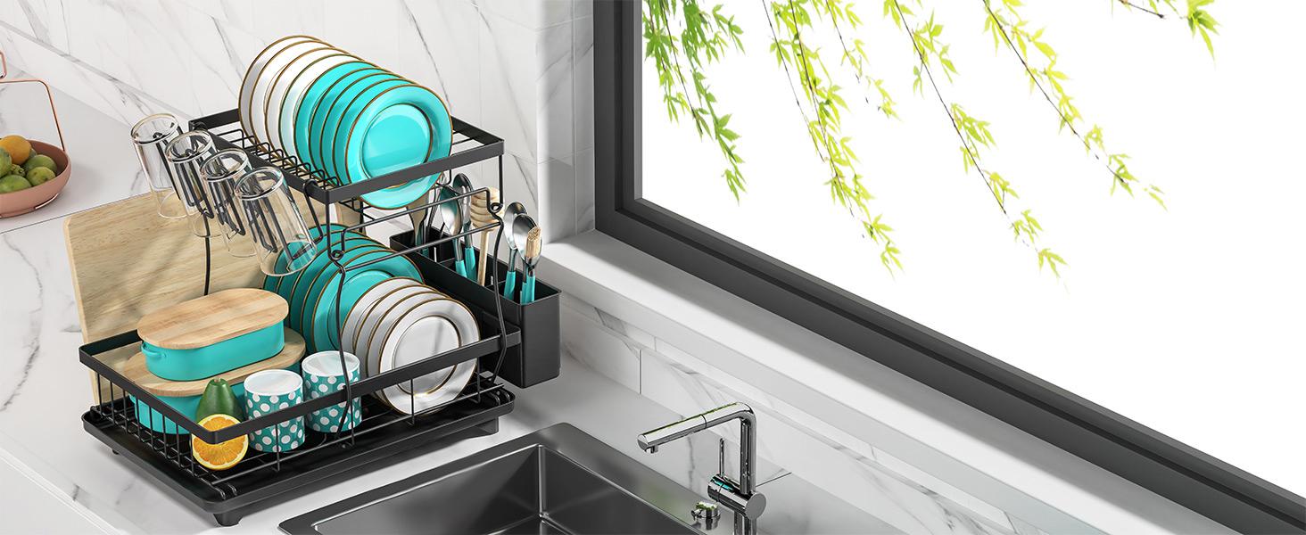 Dish Drying Rack Large Capacity 2 Tier Dish Drying Rack Multifunctional Rustproof Dish Racks for Counter with Large Utensil Holder, Cup Holder, Black