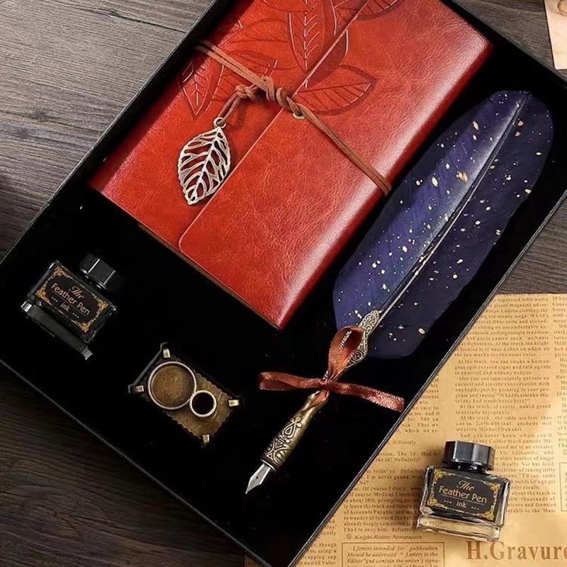 Creative Feather Design Pen Set, 1 Set Vintage Style Feather Design Pen & Note Book Set, Gift for Family & Friends & Teacher, Travel Diary Notebook