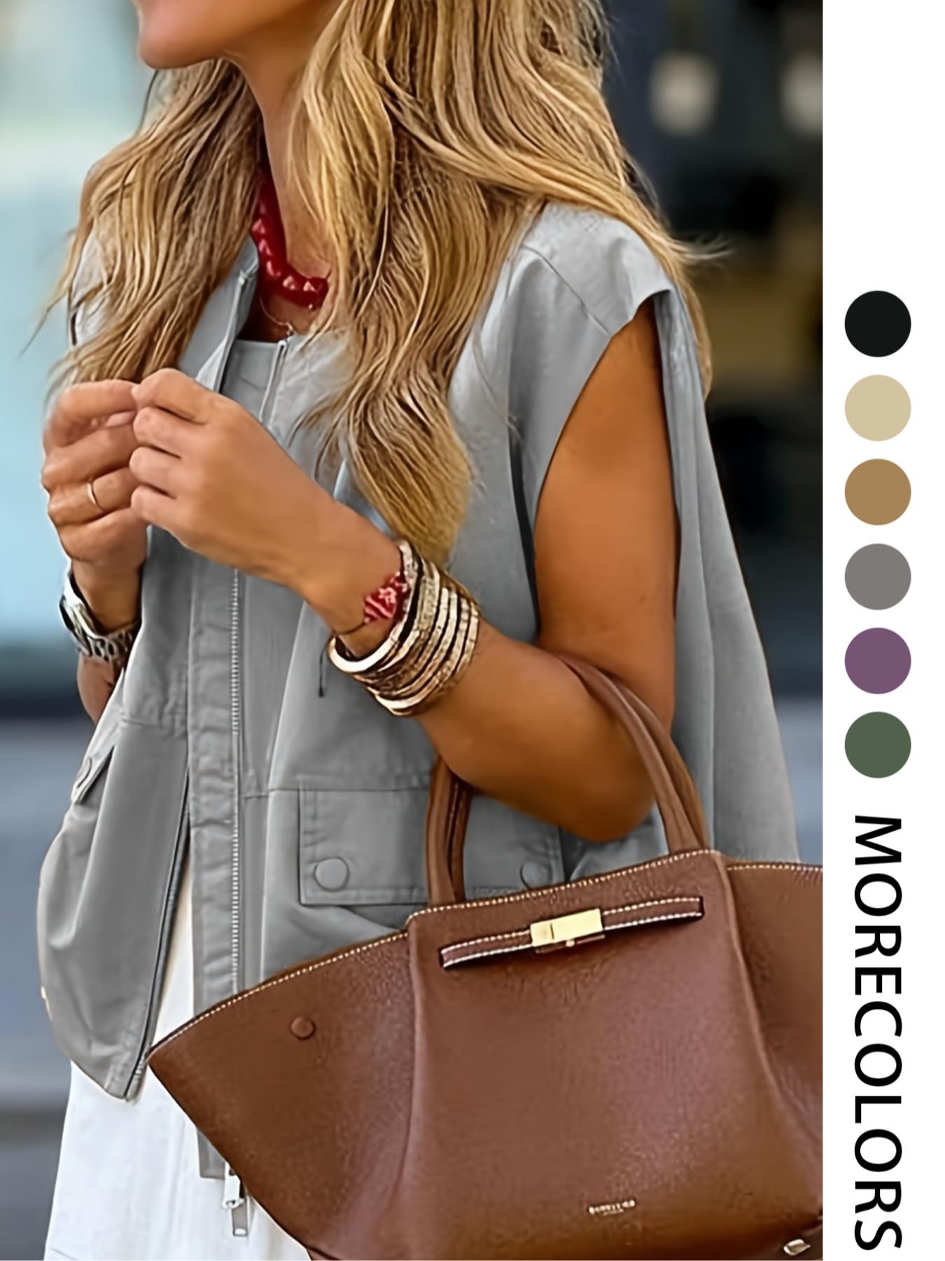 Women's Solid Color Fitted Zip-Front Vest, Casual Sleeveless Outerwear for Daily Wear, Ladies' Clothes for All Seasons