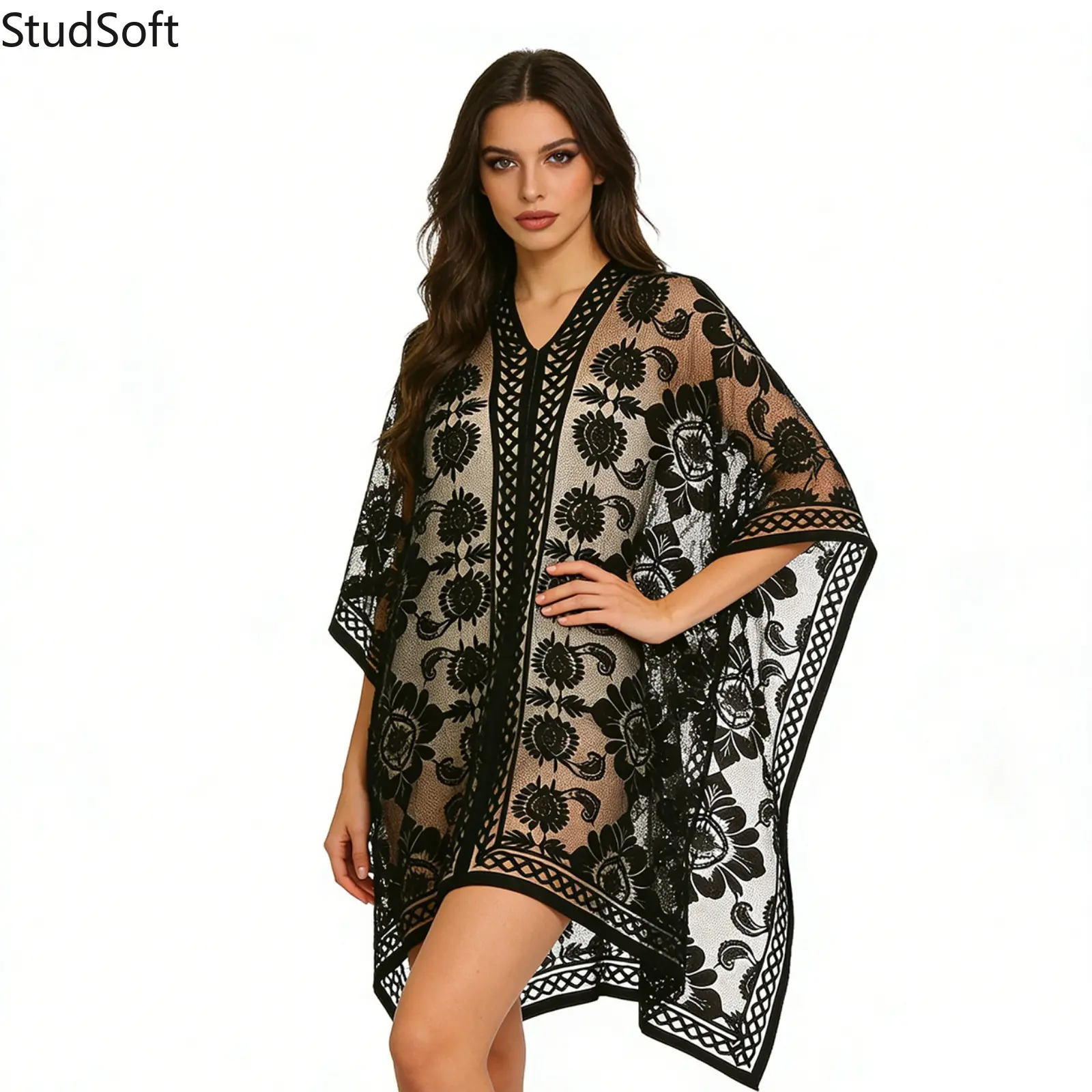Lace Beach Cover Up: Crochet Hollow Out Kimono Cardigan with V Neck Floral Sheer for Women Swimsuit Bikini Sunscreen Loungewear