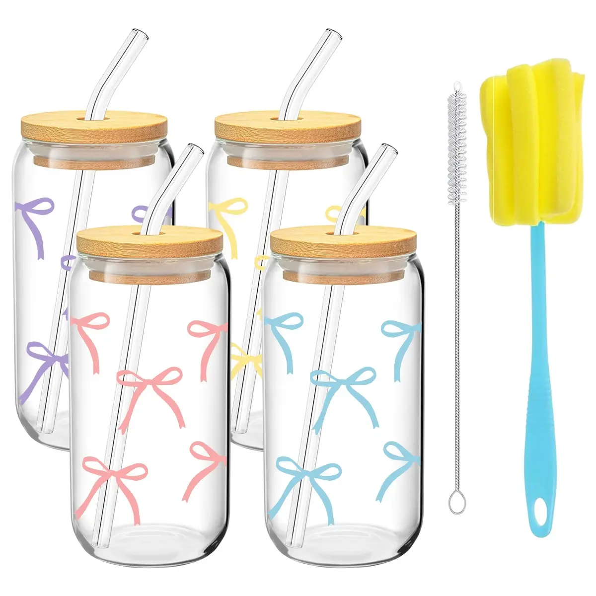 1/4 Pack Bow Pattern Glass Cup with Lid, Includes Glass Straw and Straw Brush, 16oz/480ML Iced Coffee and Beverage Cup