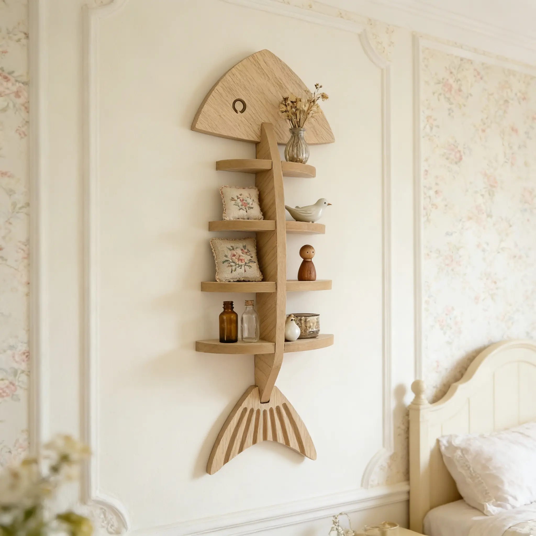 Minimalist Wooden Fishbone Wall Mount Shelf, 3D Solid Wood Decorative Sign with Storage Layer and Hook, Multi-Functional Wall Art Organizer, Room Decor
