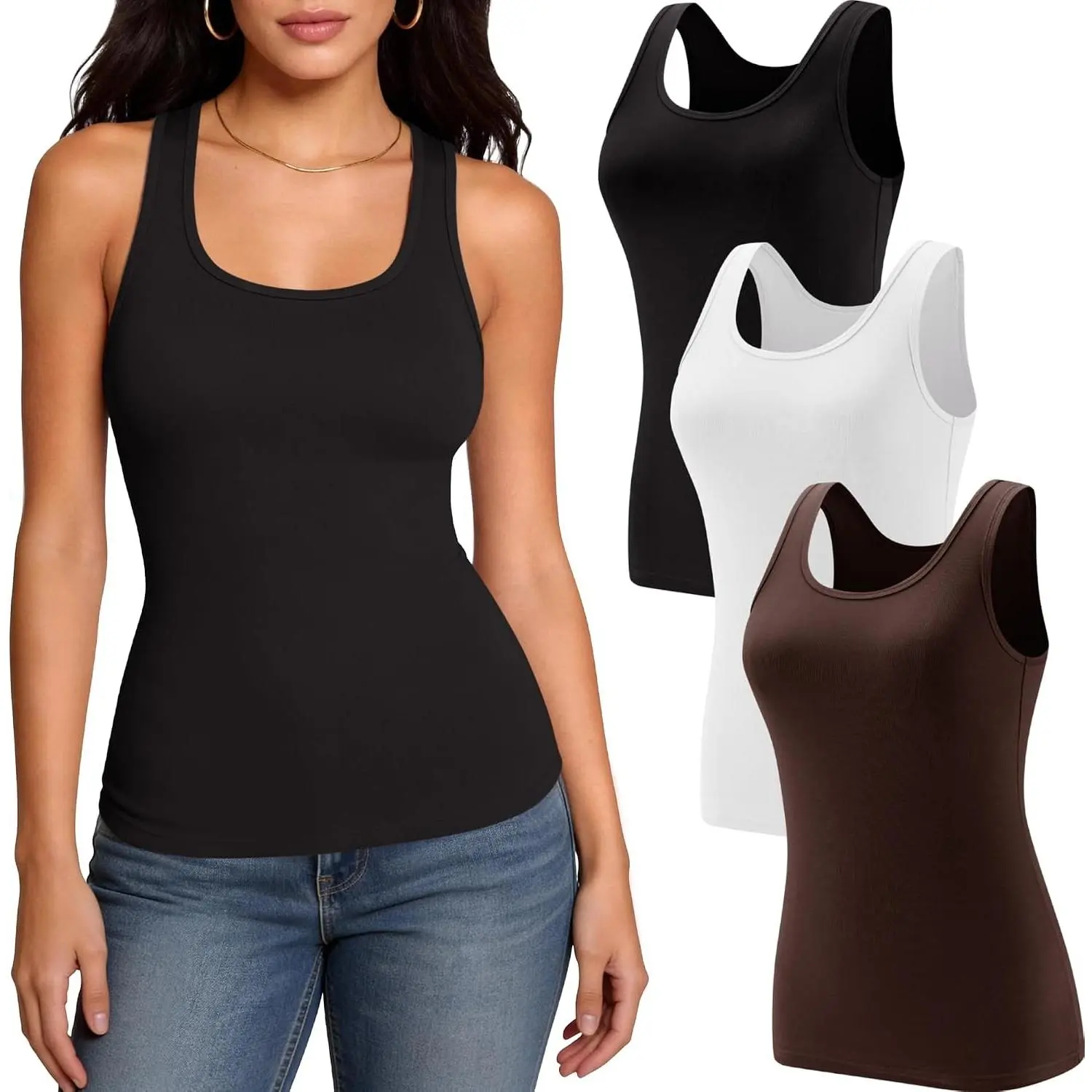 3 Pack Women's Scoop Neck Tank Tops with Wide Bra Strap Coverage, Slim-Fit Soft Rayon Spandex Undershirts for Layering, Gym, Yoga, Sleeveless, Lightweight, Elastic