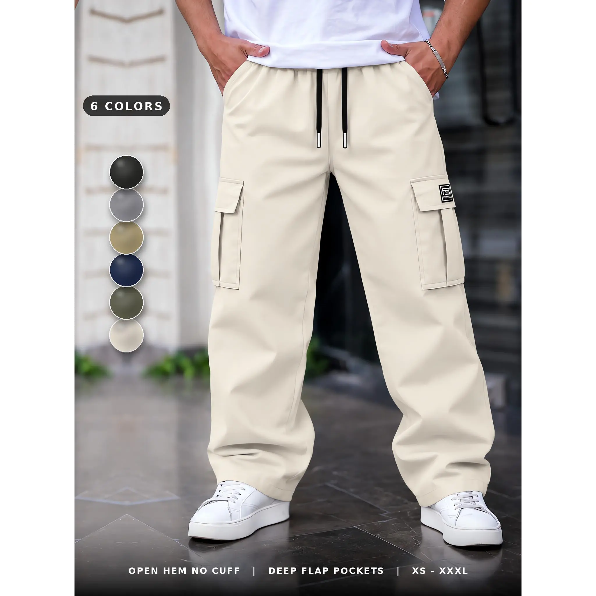 Men's Off White Cargo Pants, Baggy Straight Wide Leg Trousers with Box Flap Pockets, Elastic Drawstring Waist, Solid Matte Polyester Streetwear Pants for Fall and Winter, 6 Colors XS-XXXL
