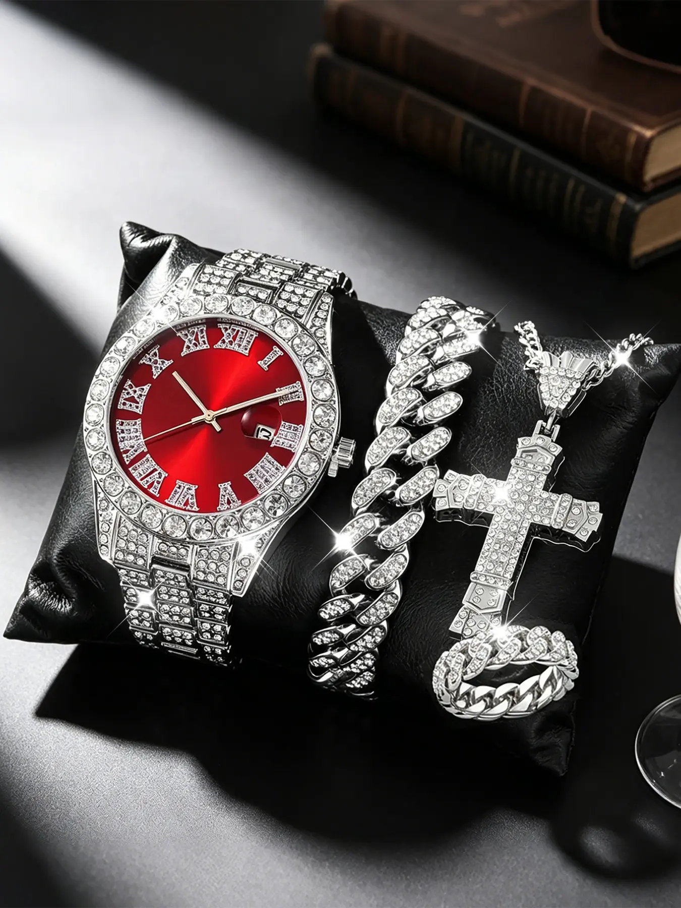 Men's Fashion Quartz Watch Set with Silver Color Accessories, Hip Hop Casual Style, Perfect for Daily Wear and Gifts