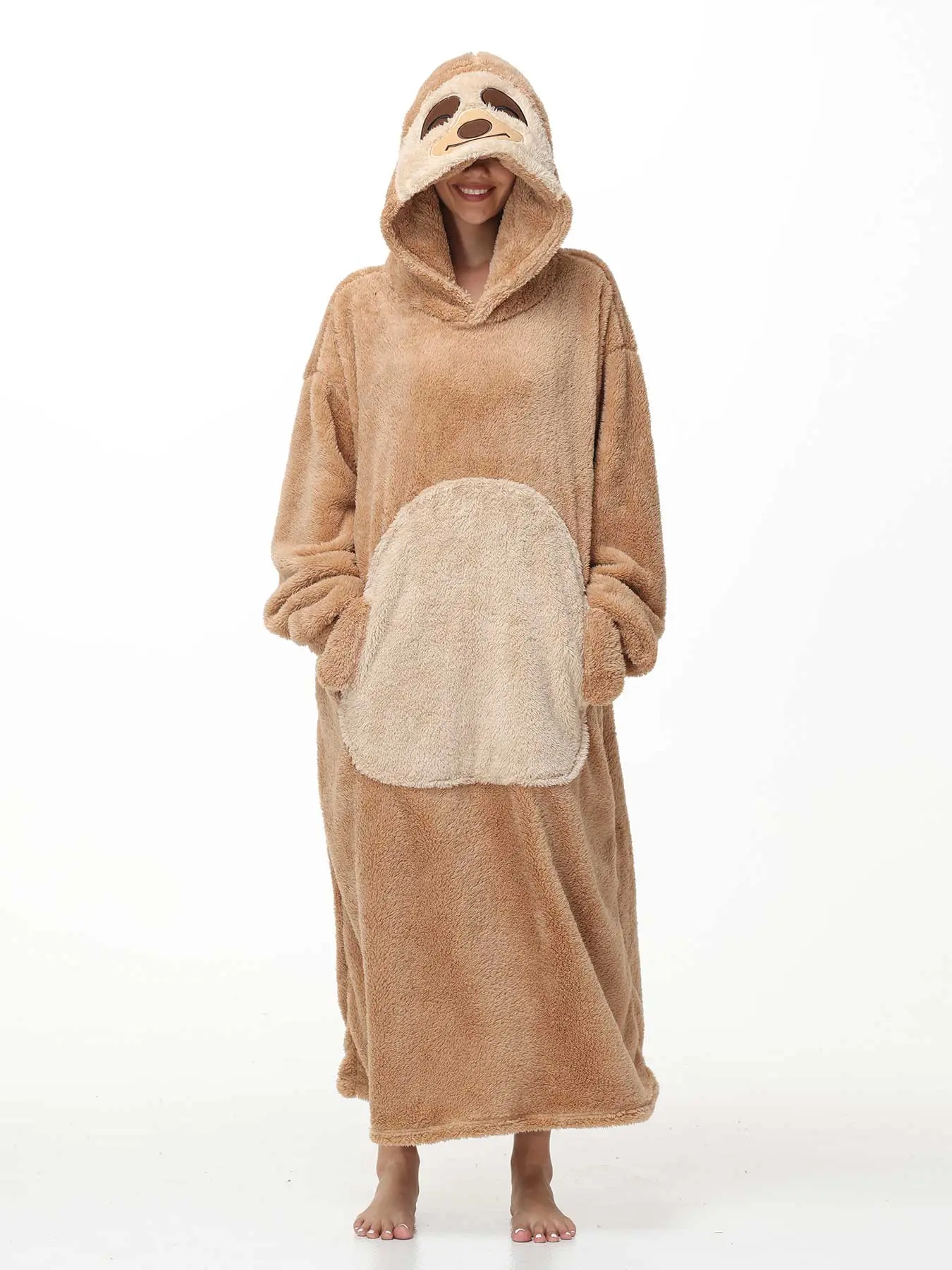 Autumn Winter Fleece Thick Hooded Sleepwear Robe for Women, Large Plush Cartoon Cute Homeewear, Lazy Unisex Couple Blanket Coat
