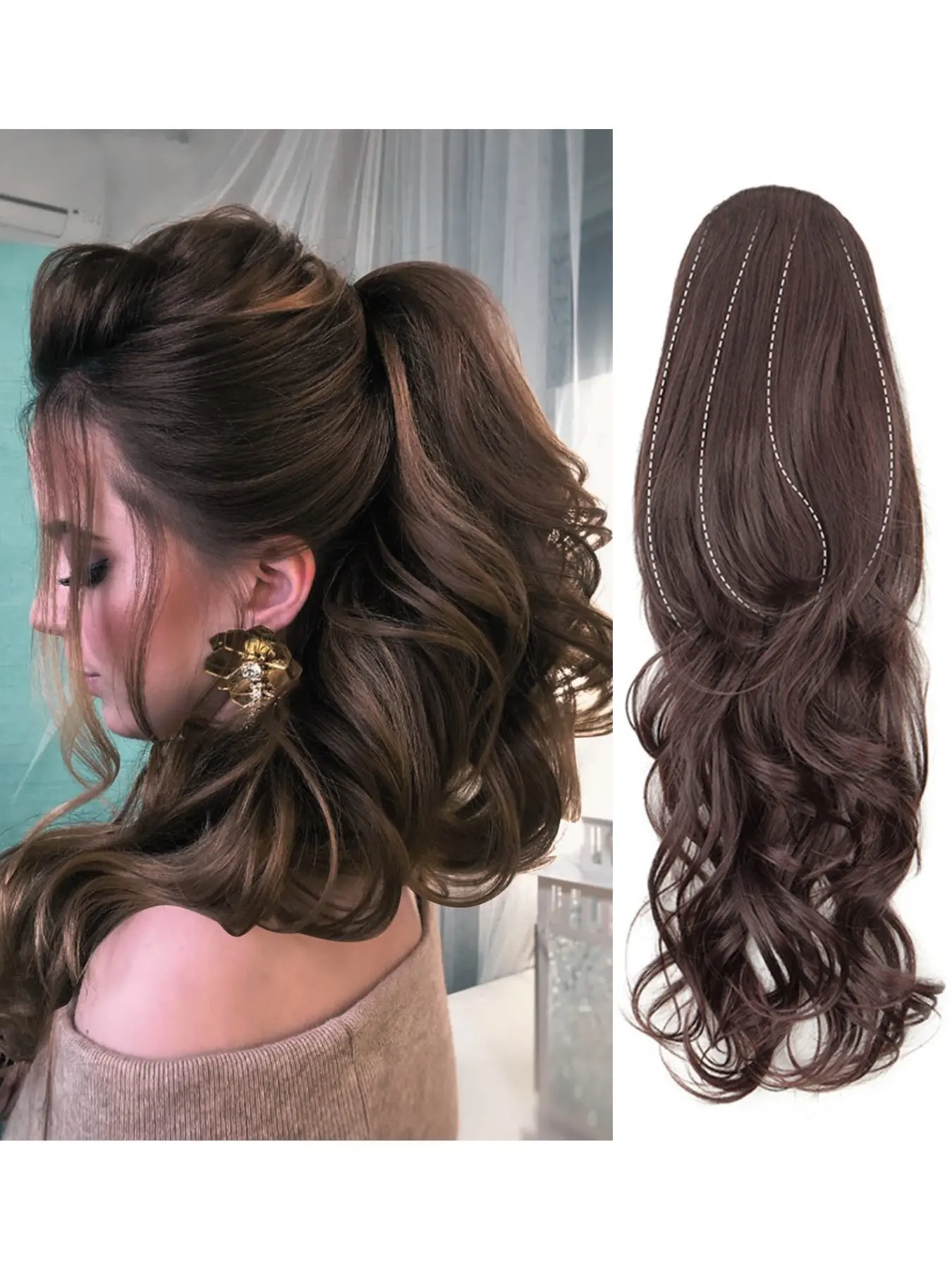 22 inch long wavy drawstring ponytail, synthetic fiber wavy ponytail, suitable for women, instantly long and fluffy, natural appearance, easy to install, ponytail hairstyle, charming every day