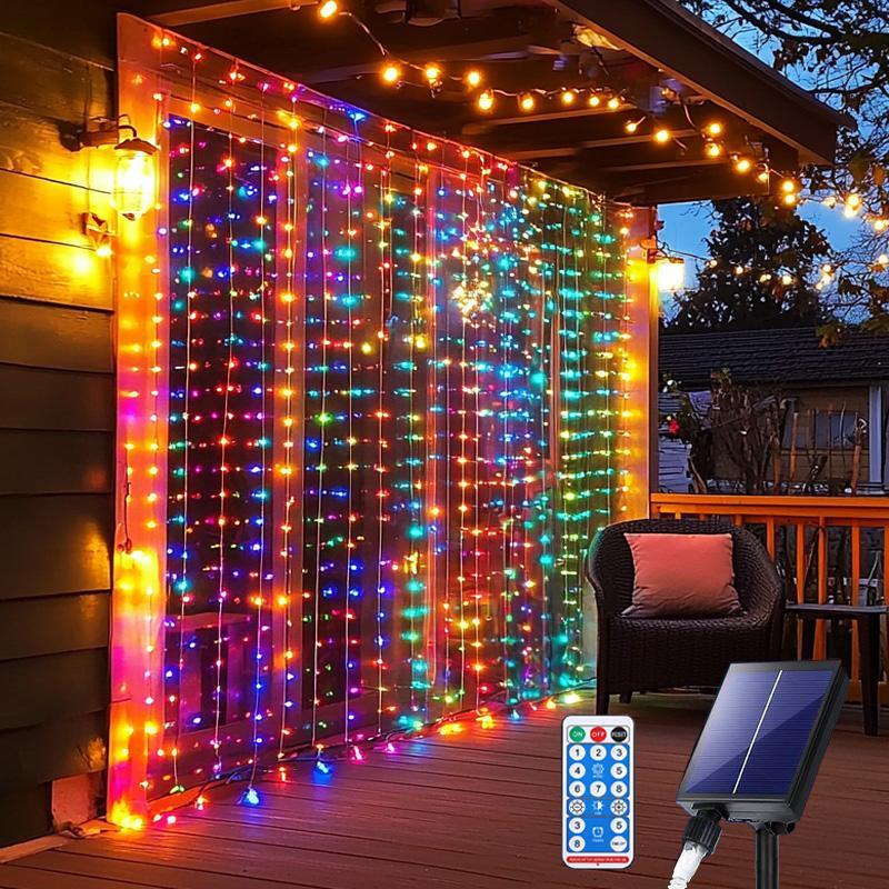 Solar Powered LED Curtain Light String, LED Light String with Remote Control & Timer, Solar Strip Lights, Decorative Light for Home, Garden, Balcony, Garden Decorations