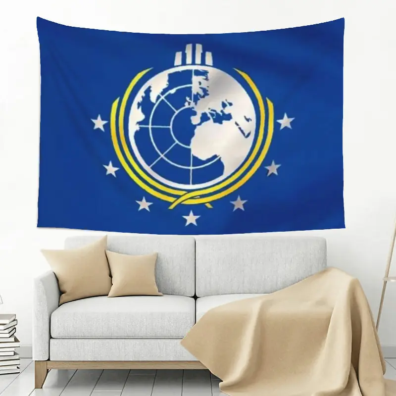 Lightweight Blue Gold Galactic Emblem Tapestry - Peach Skin Fabric Wall Hanging with Globe Symbol, Stars, Orbital Rings, Military-Style Insignia - Futuristic Space Home Decor for Bedroom, Game Room (Multiple Sizes Available)