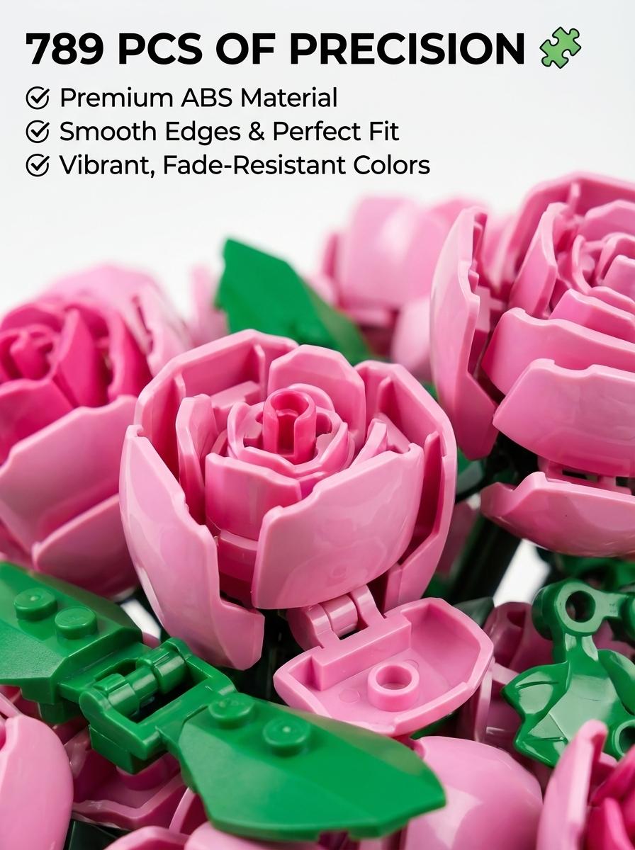 Pink Rose Flower Bouquet Building Set, 789 PCS  Botanical Collection Building Blocks, DIY Artificial Flowers for Home Office Room Decor, Adult Building Toys, Gift for Girls Mom Teachers, Romantic Floral Arrangement, Never Withered Flowers