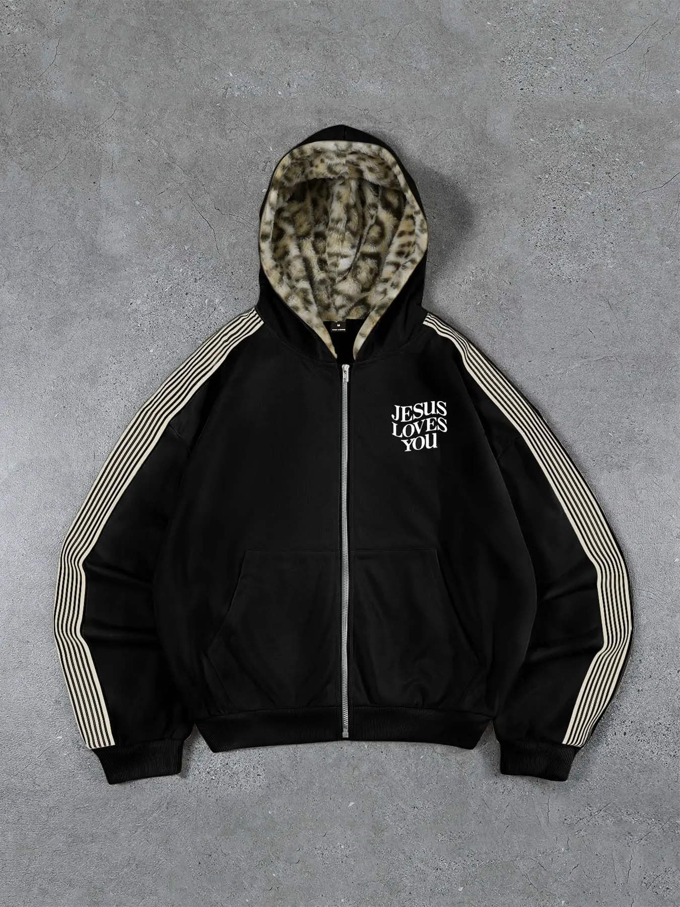 Unisex Casual Loose-Fit Jacket, Small Letter Print Front, Large English Back Print, Leopard Fur Lining, Full Zip Closure