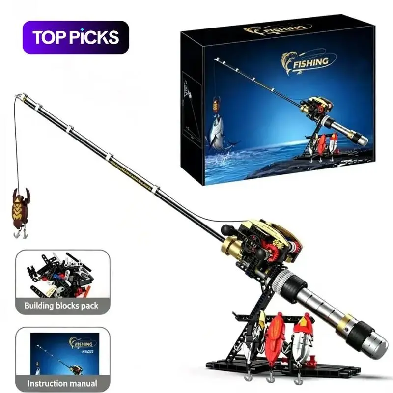 High-Realism Fishing Rod Model Kit, Mechanical Linkage, Working Reel with 4 Lures, Kids Stem Educational Toy, Birthday Gift Box