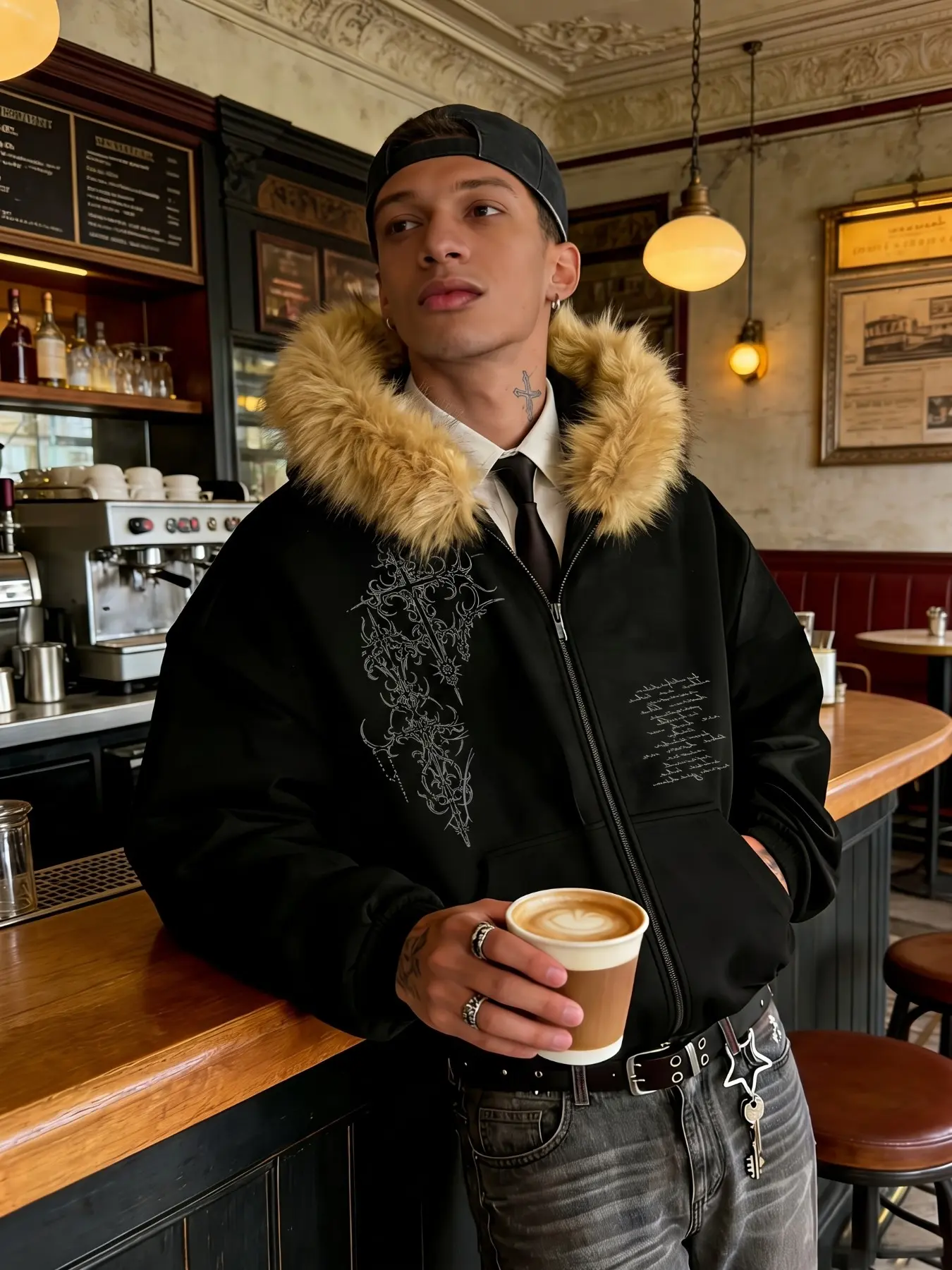 Polyester Fleece Oversized Men Fur Collar Zip Up Hoodie Jacket, Y2K Dark Gothic Thorn Cross Vintage Script Letter Graphic Coat, Hip Hop Streetwear Outerwear, men clothing, menswear clothing, accessories for men, ropa caballero hombre, ideal for spring aut