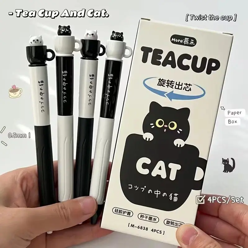 4pcs Cute Cartoon Black Cat Ballpoint Pen 0.5mm Black Refill Durable Quick Drying Gel Pen Stationery Students Back To School