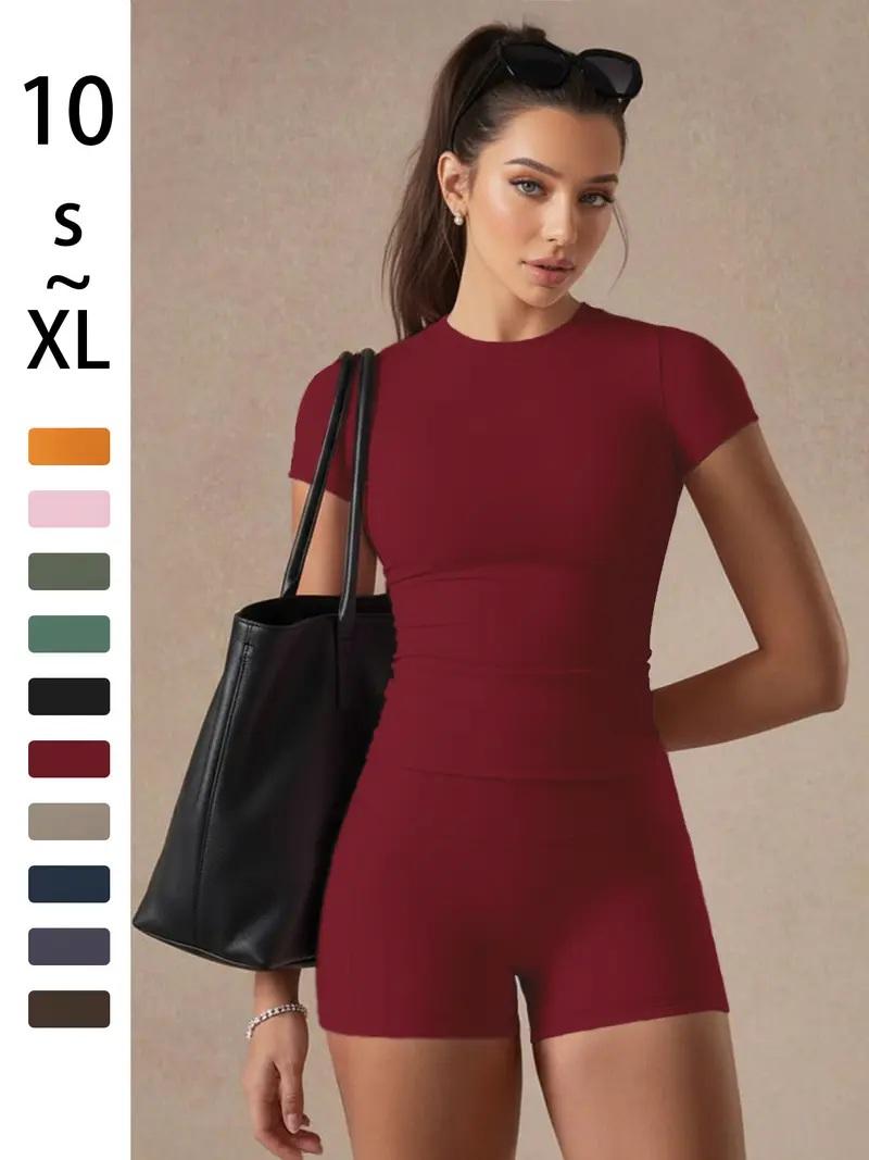 Women's Solid Color Basic 2-Piece Set – Versatile T-Shirt & Booty Sculpting Gym Shorts, Multi-Purpose Yoga Fitness Outfit for Workout & Daily Wear