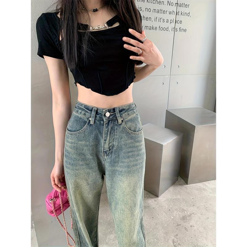 Women's Vintage Loose Jeans - Slant Pocket, Straight Cut, Classic Green-Blue