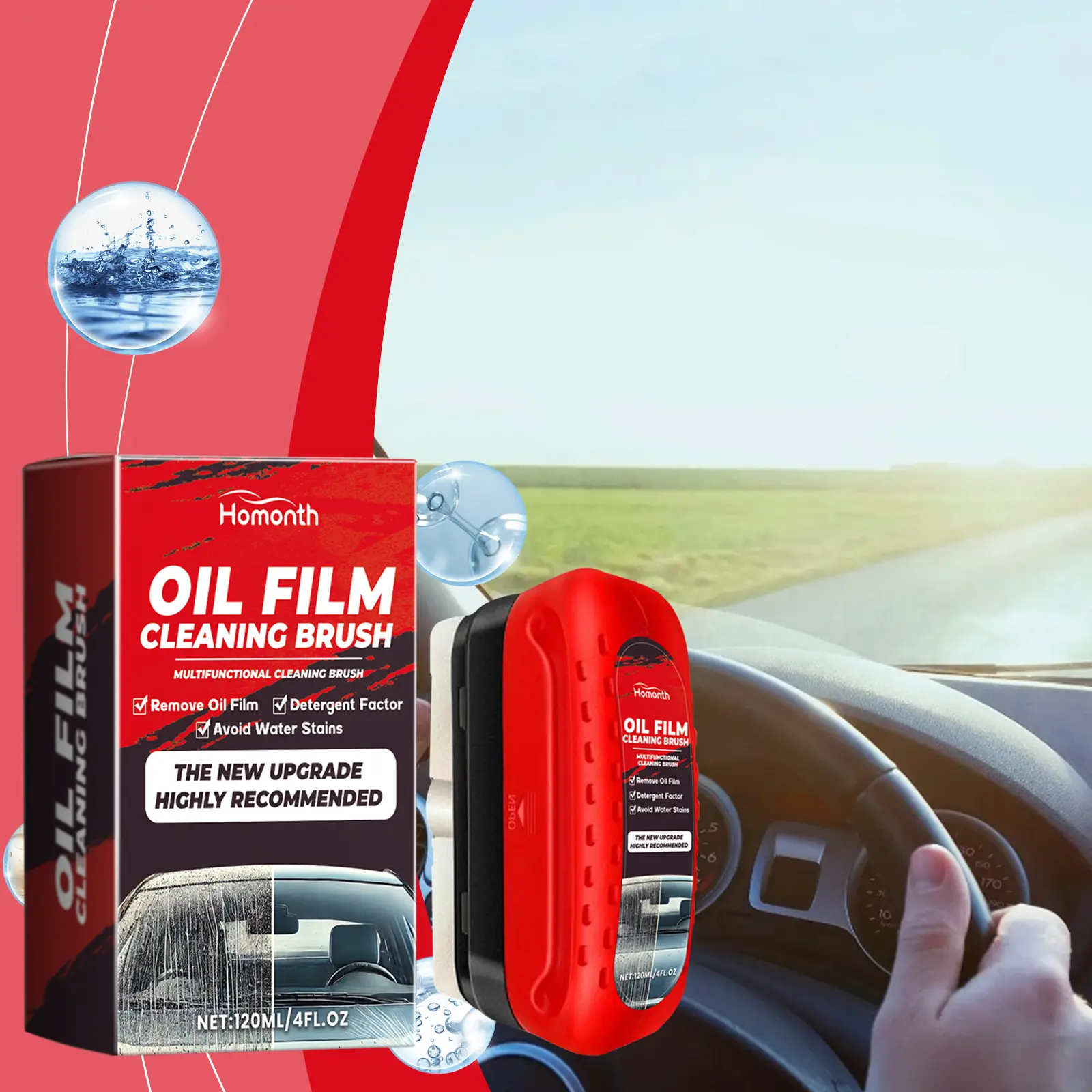 Car Windscreen Surface Care Cleaner, Oil Film & Window Stain Remover Kit, Biodegradable Multi-Purpose Cleansing Liquid with Reusable Brush, Sponge & Cloth, Delivers Anti-Fog & Water Repellent Surface for Simple At-Home Auto Glass Care