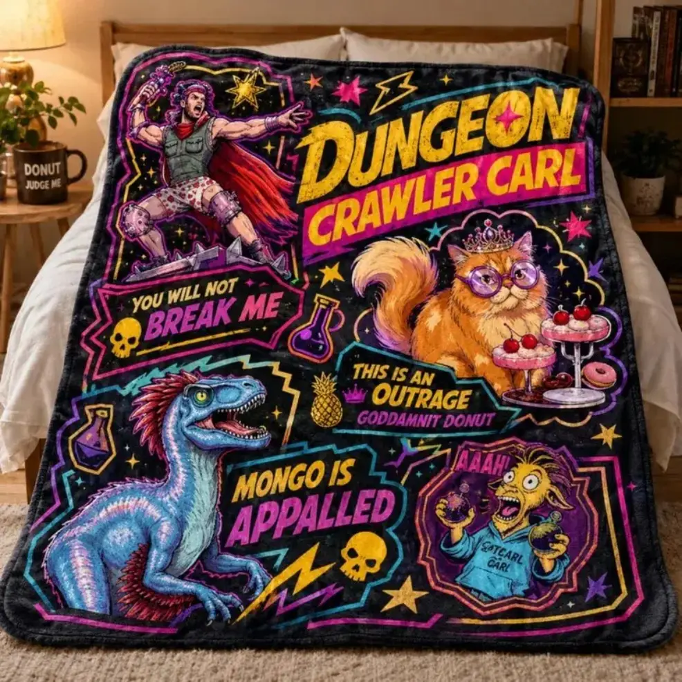 Dungeon Crawler Carl Blanket, Funny Fantasy Novel Throw Blanket, Cozy Gamer Gift, LitRPG Fandom Blanket, Soft Plush Couch Blanket Birthday Anniversary Holiday Christmas Halloween birthday gift