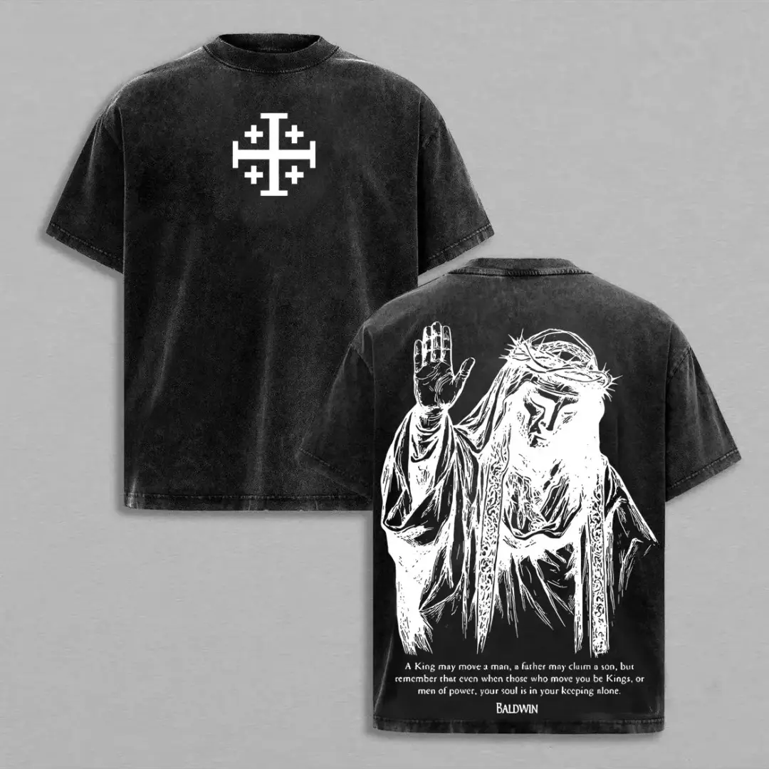 Baldwin IV "The Leper King" T-Shirt Washed, Crusader King of Jerusalem Tee, Jerusalem Cross Medieval Christian Shirt, Vintage Washed Gothic Faith Streetwear - Jesus Apparel - Christian Outfit