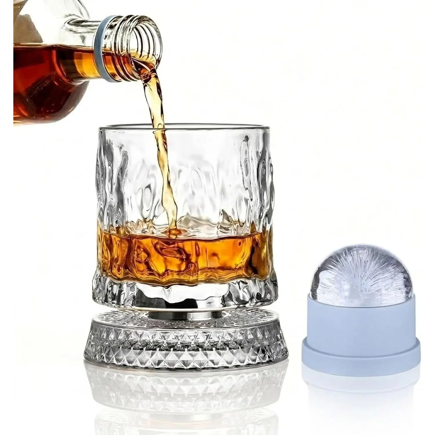 360° Rotating Whiskey Glass Set with Colorful Silicone Large Ice Ball Mold, Single Crystal Bourbon & Old Fashioned Tumbler, Kinetic Home Bar Glassware, Birthday Gift for Men