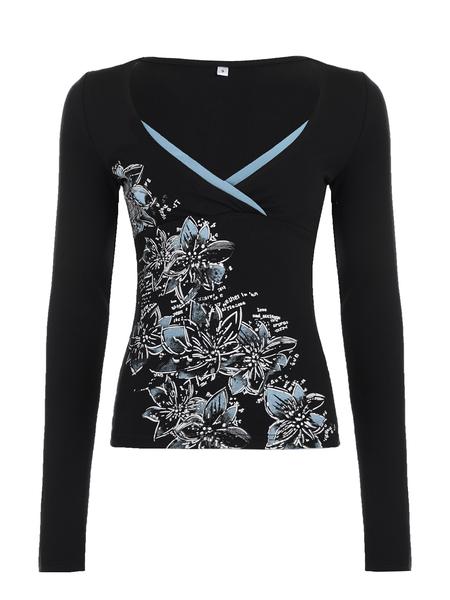 Vintage Floral Print Cross V Neck Slim Fit Long Sleeve T-Shirt for Women, Casual Fashion Top, Perfect for Daily Wear