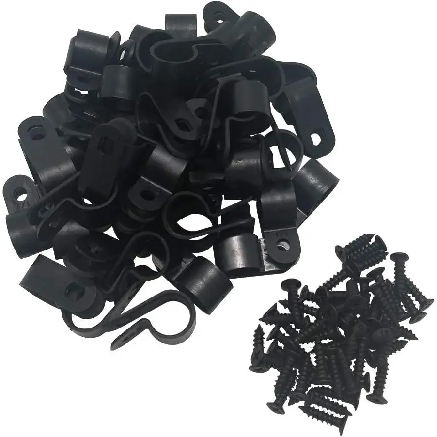 Clamp R-Type  Clip Wire Clamp 1/2" Nylon Screw Mounting Cord Fastener Clips with Screws for Wire Management - 50 count  Clamps + 50 count Screws