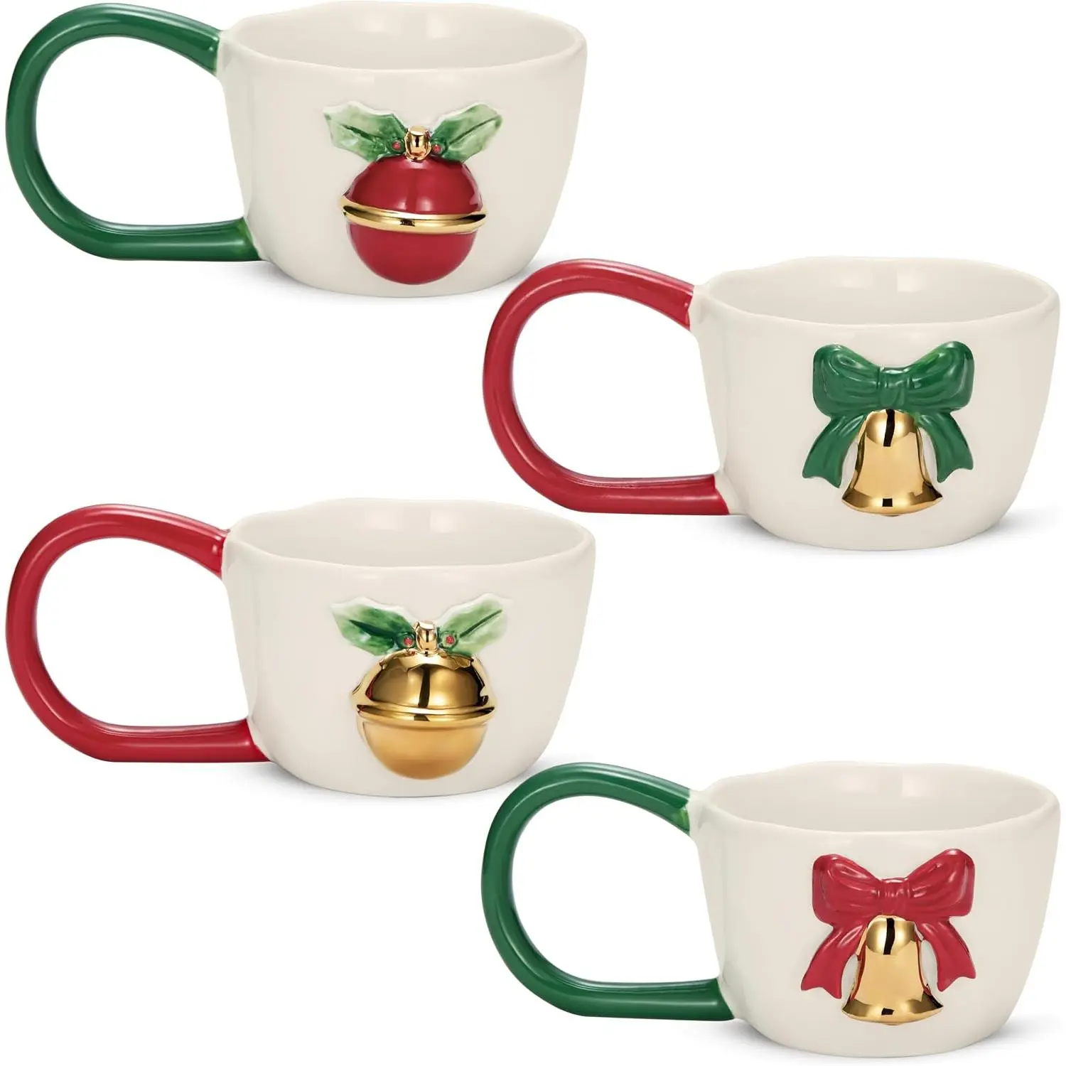 Christmas Mugs, Ceramic Holiday Coffee Cups with Large Decorative Handles, Christmas  & Ornament Designs, -, 10 oz, Dishwasher Safe, Set of 4