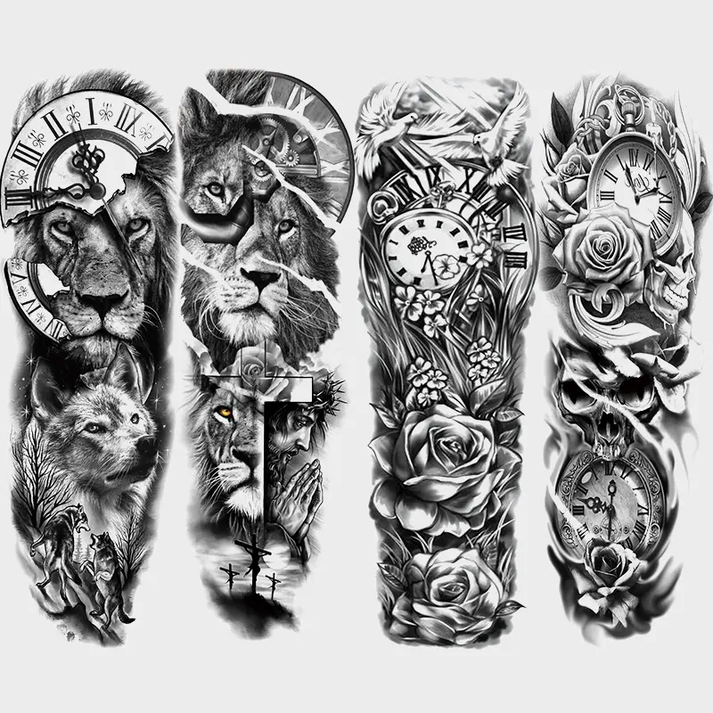 4 Large Full Arm Temporary Tattoo Stickers, Ephemeral Tattoos, Lion Rose Clock Dove Gothic Art, Waterproof Long-Lasting Fake Tattoos for Men Women, Gothic Skull Tattoo, Tattoo for Beginners, Aesthetic Tattoo Merch