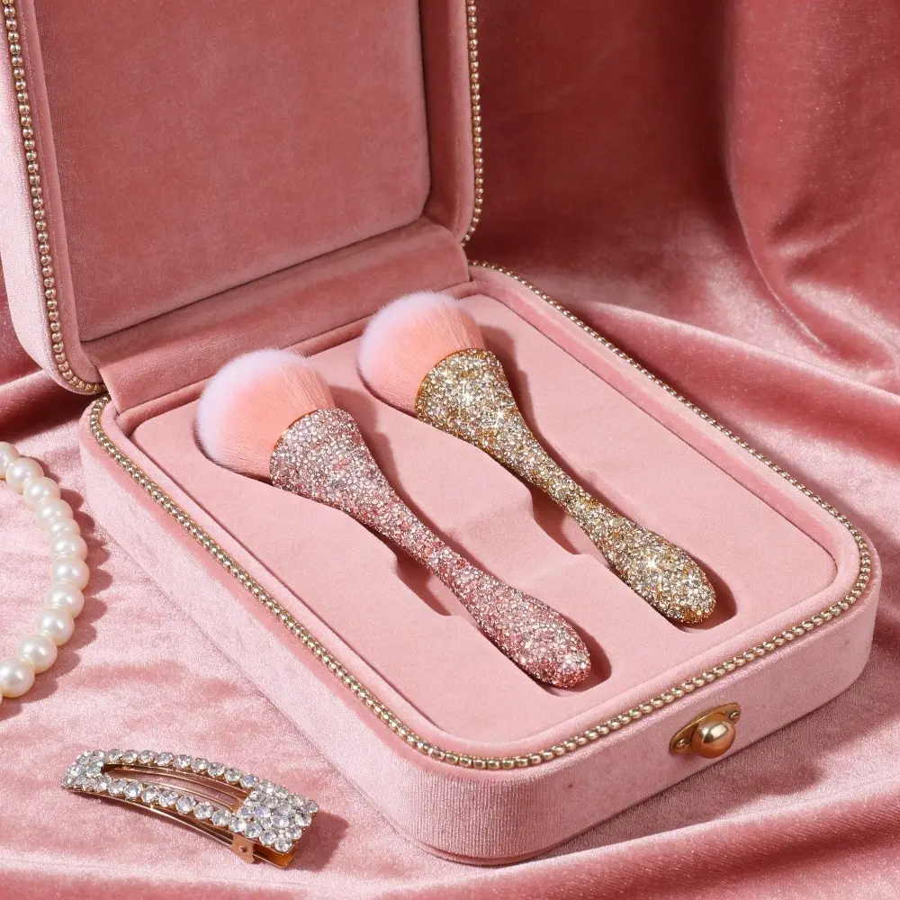 2pcs Luxury Rhinestone-Embedded Makeup Brushes • Nylon Bristles • Perfect Powder Application • Fragrance-Free • Suitable for All Skin Types