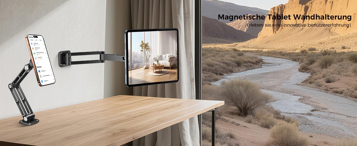 OHLPRO Tablet Wall Mount Magnetic Aluminium 360 °     Rotating iPad Wall Mount Extendable & Foldable Tablet Holder Wall for Office Kitchen Gym, Universal All Phones & Tablets