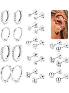 12 Pairs Stud Earrings for Women, Surgical Steel Hypoallergenic Huggie Hoop Earrings, Tiny Cz Flat Back, & Silver Color, Casual Earrings Set