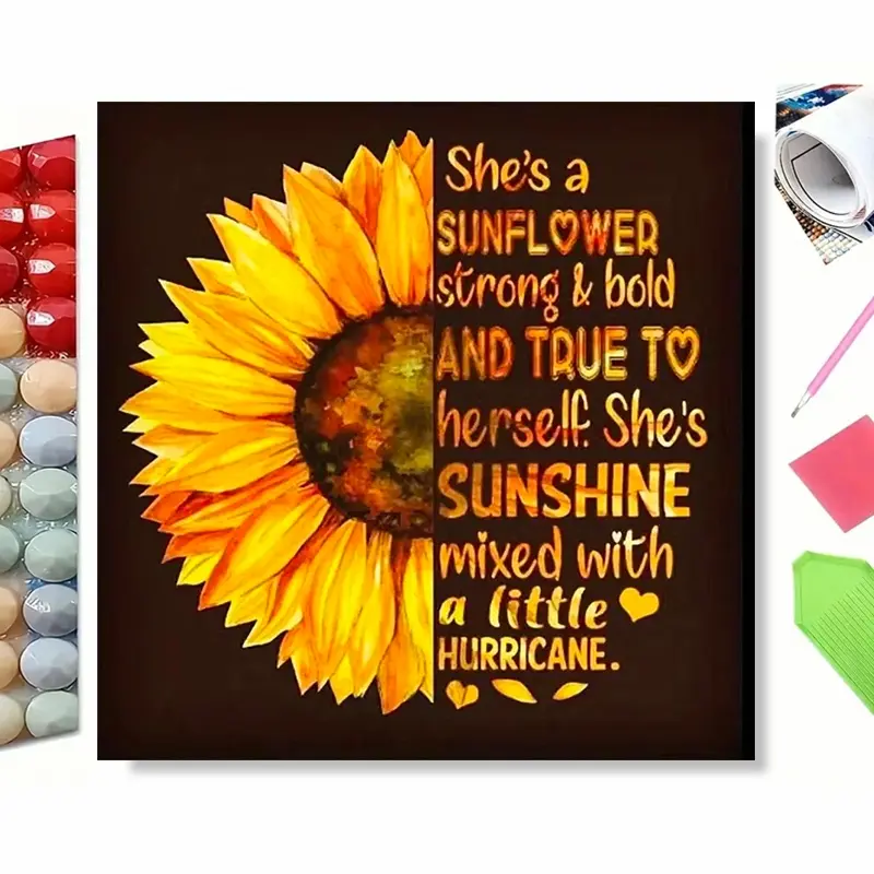 DIY Diamond Painting Kit, Meaningful Floral Art With Bright Sunflower And Encouraging Inspirational Words, Dark Vintage Background, Positive Vibe Wall Hanging, Ideal for Holiday Gift, Bedroom & Living Room Wall Decor