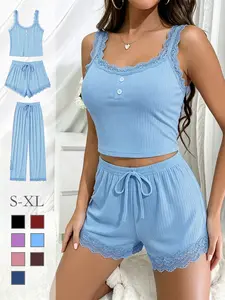 Women's Soft Comfortable Three-Piece Pajama Set, Breathable Sleeveless Top with Lace Trim, Casual Shorts and Pants, Ideal for Relaxing
