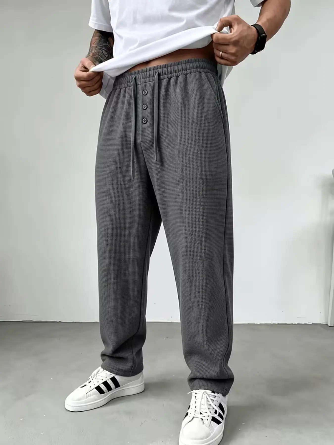 Men's European Style Waffle Sport Pants, Button Front Drawstring Waist, High Elastic Breathable Fabric, Casual Daily Wear & Light Exercise