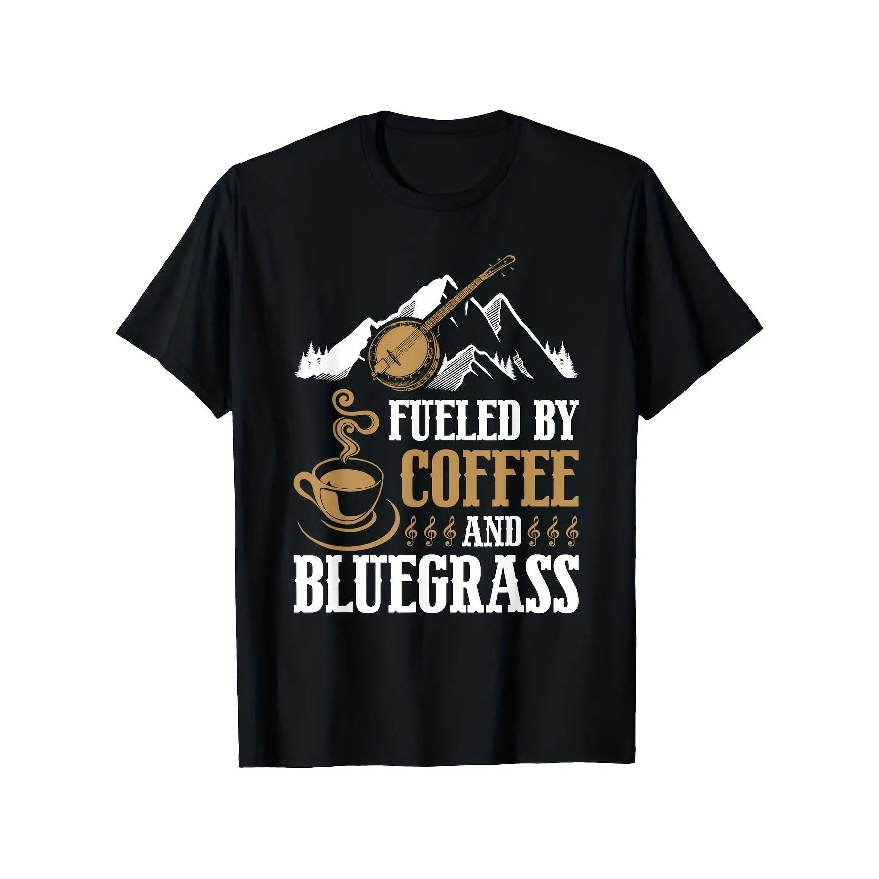 Men's Soft Cotton Round Neck Shortsleeve Graphic T-Shirt - Retro 'Fueled by Coffee & Bluegrass' Letters Top, Foldable, Plain, Suitable for Casual, Party, Indoors Use (Children's Day Pick)