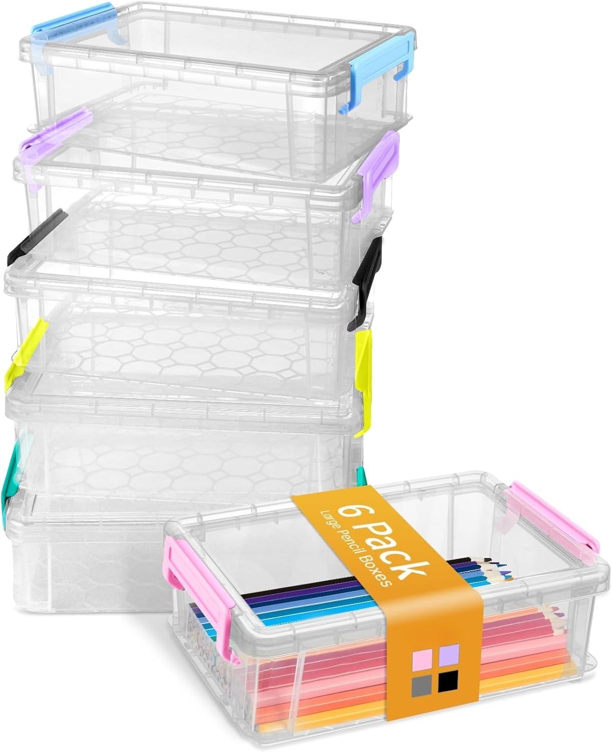 Z-PCB25  6 Pack Extra Large Pencil Box, Plastic Hard Pencil Case Crayon Box Bulk, Clear Marker Organizer Plastic Containers with Lid, Stackable Storage Boxes for Art Craft, Back to School Supplies, Multi