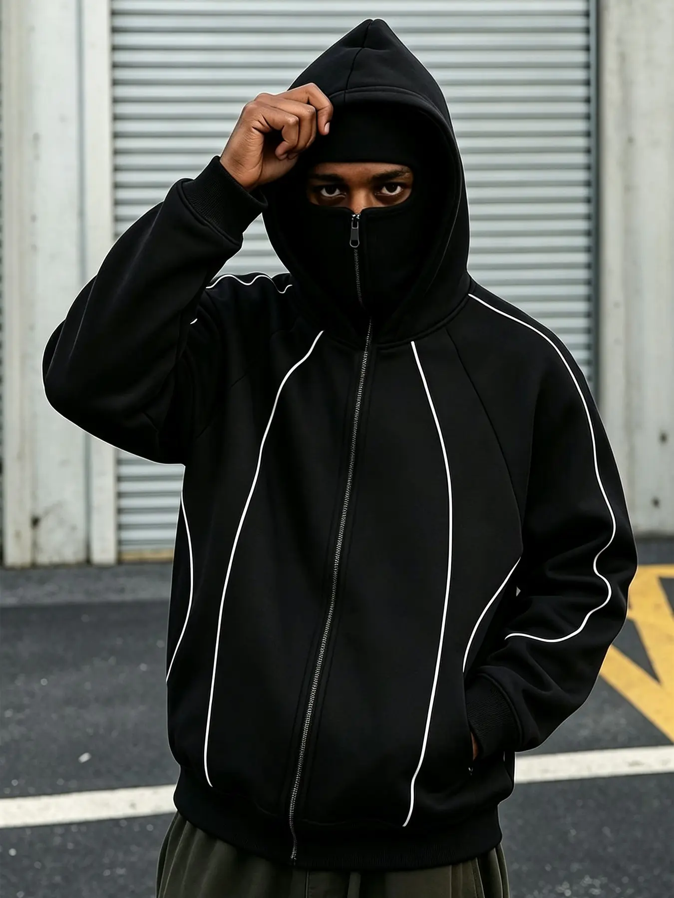 Men's Zip-Up Masked Hoodie,Reflective Striped Masked Hooded Jacket, Functional Casual Streetwear Style, Suitable for Hip-Hop and Everyday Wear.