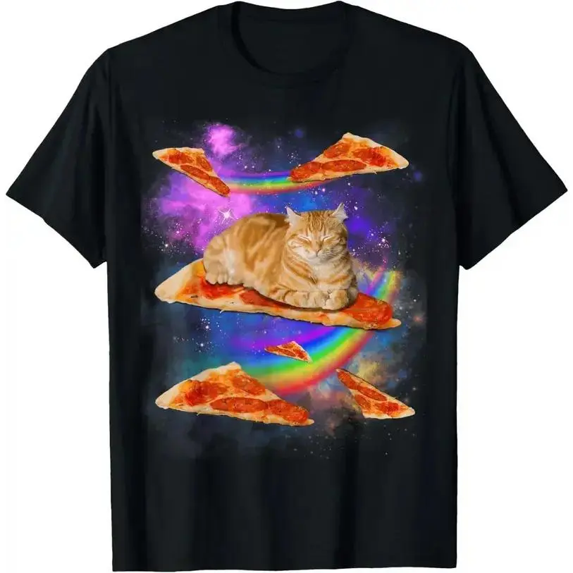 Unisex 100% Cotton Fabric Short-Sleeve Round-Neck T-Shirt, Casual Crewneck with Funny Galaxy Cat In Space & Cat Riding Pizza Design, Shortsleeve
