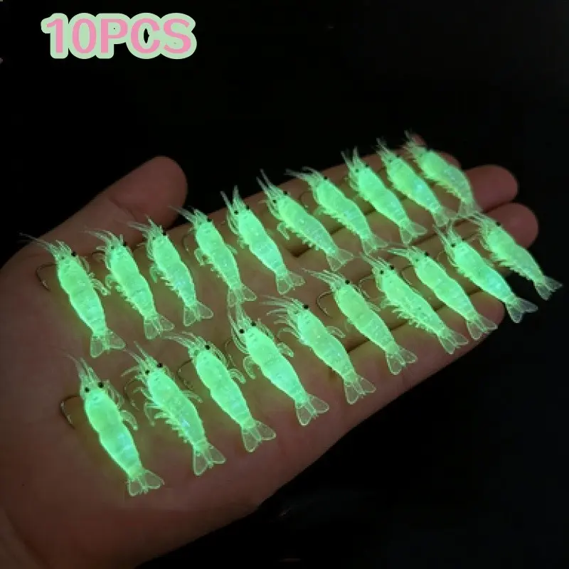 10-Pack Glow Shrimp Lures with Hooks, Soft Baits for Freshwater and Saltwater, Night Fishing Bass and Croaker Trout Kits