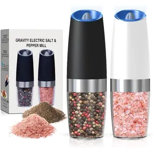 Battery Operated Salt And Pepper Grinder Set with LED Light, Adjustable Roughness, Automatic Electric Gravity Salt And Pepper Shakers Set, Each 6 AAA Batteries Needed, 2 Pack (Black+White)