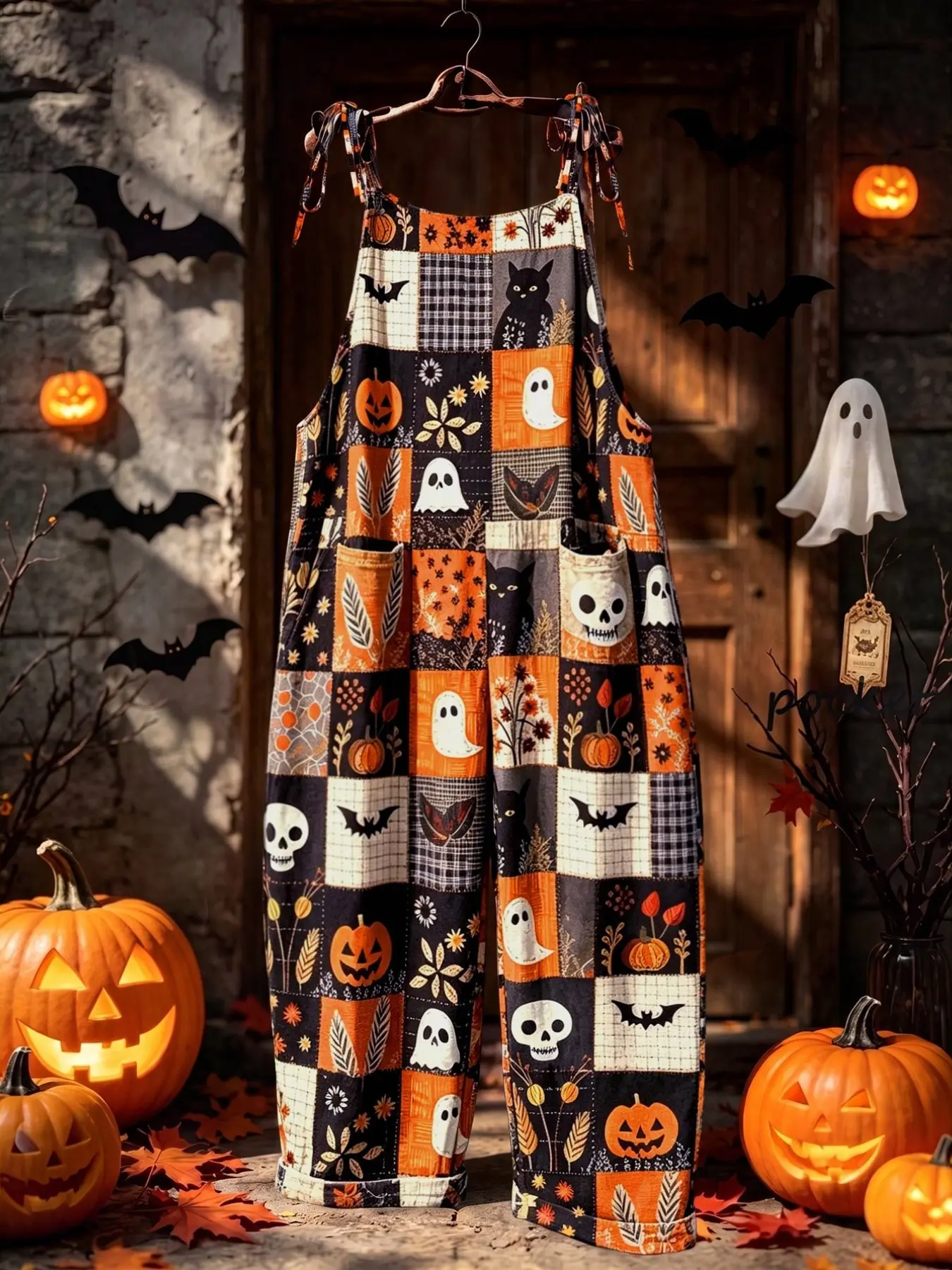 Plus Size Women's Jumpsuit, Halloween & Christmas Patchwork Print, Butterfly Strap, Loose Wide Leg, Cute Style, All Seasons