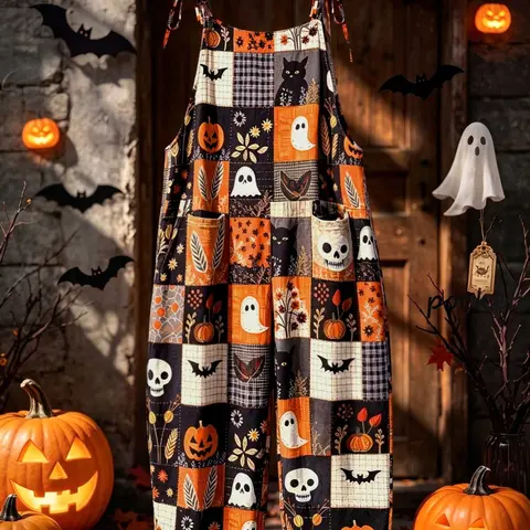Plus Size Women's Halloween Patchwork Print Overall, Butterfly Strap Wide Leg Jumpsuit, Retro Farm Style, Casual Cosplay Costume