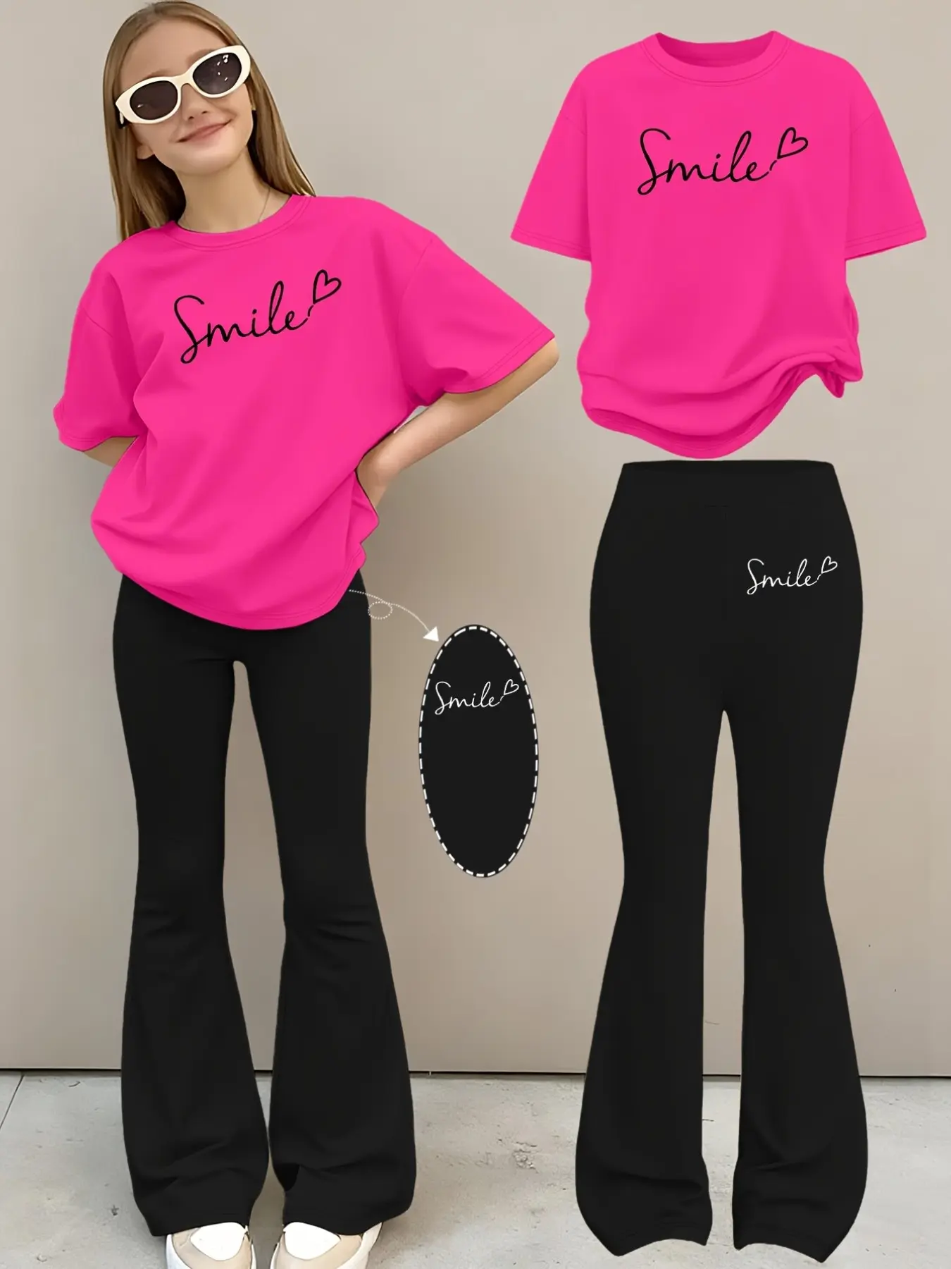 Minimal soft girl casual lightweight skin friendly breathable smile heart handwriting print oversized tee high waist flare pants two piece set teen girls young ladies school daily hangout café shopping simple aesthetic trending casual matching outfit
