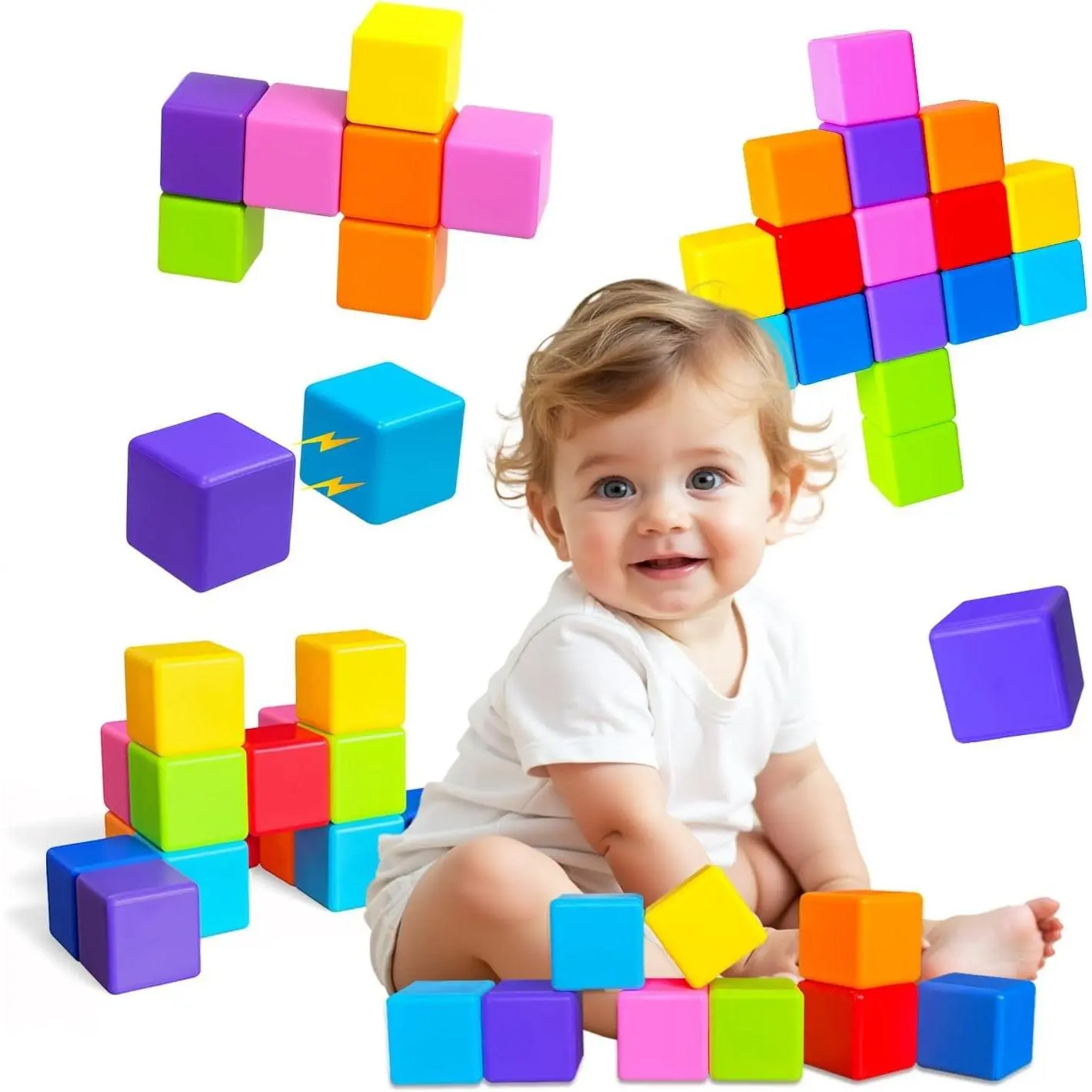 Magnetic Building Blocks for Toddlers - 1.65 Inch Large 3D Magnet Cubes in 8 Colors, Montessori Sensory Stacking Toy Gift for Kids Ages 1-3 (16PCS)