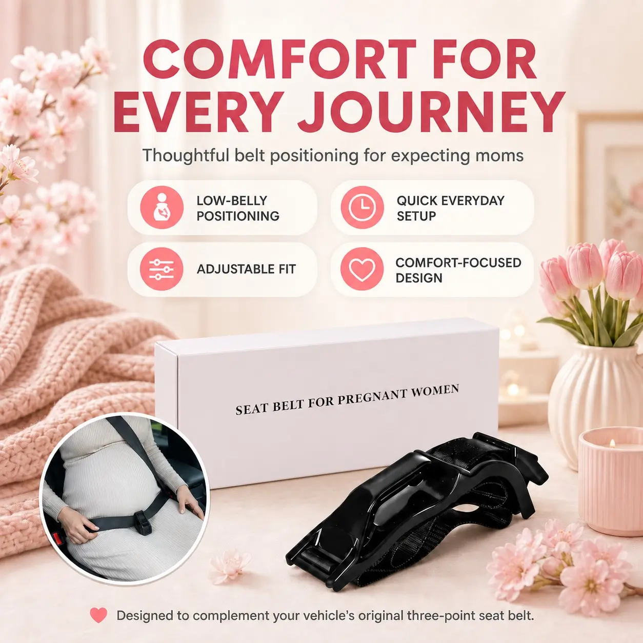 Pregnant Woman Car Seat Belt Adjuster, Ergonomic Design, High-Tension Webbing, Anti-Slip Buckle, Shifts Belt to Thigh, Ideal for Late Pregnancy