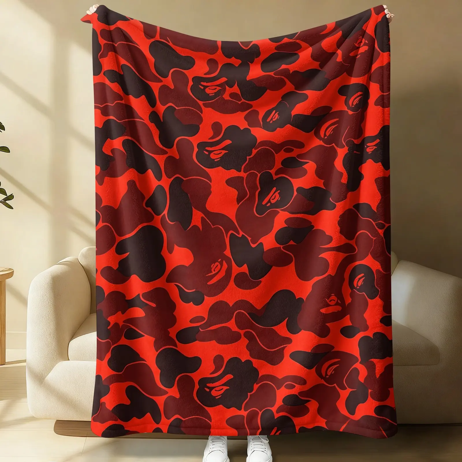 Bold Red Black Camo Ape All Over Print Throw Blanket, Vibrant Camouflage Pattern Soft Flannel Sofa Bed Cover, Trend Street Hip Hop Aesthetic Decor Blanket for Bedroom Couch Dorm, All Season Warm Home Decor Gift